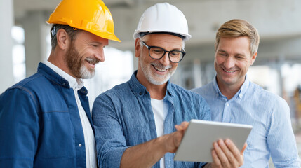 Team of architects and engineers happily discussing construction plans using digital tablet at building site