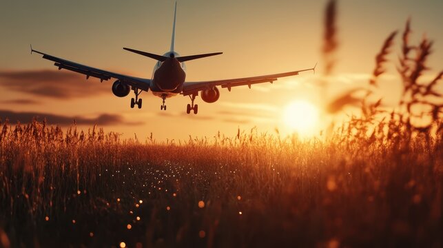 An airplane descends at sunset, capturing a serene moment as the golden fields and warm sun reflect an evening landscape, evoking feelings of travel and adventure near the horizon.