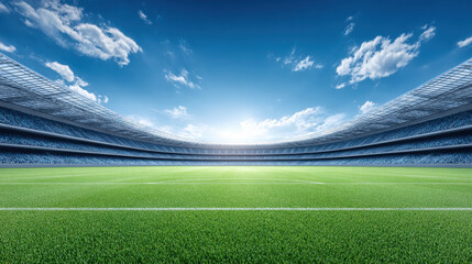 Empty soccer stadium with green grass field under bright blue sky and scattered clouds, wide shot with vibrant sunlight