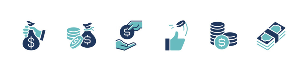 simple money dollar and coin cash icon set financial online wallet savings business earning income payment signs vector illustration