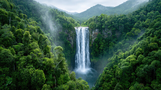 Wide shot of powerful waterfall surrounded by lush green forest and mist in mountainous landscape creating serene atmosphere