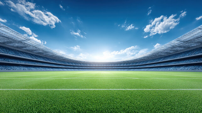 Fototapeta Empty soccer stadium with green grass field under bright blue sky and scattered clouds, wide shot with vibrant sunlight