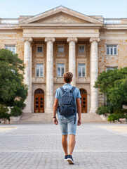 Obraz premium Young student with backpack walking confidently toward large classical university building with tall columns and trees around