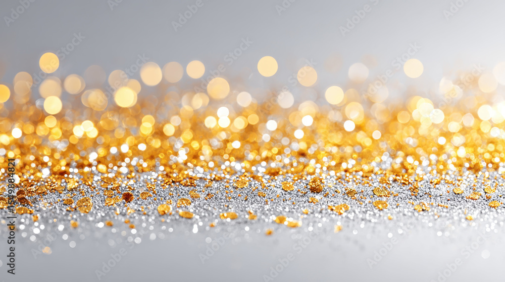 Poster Golden silver glitter sparkle background with bokeh light effect creating festive and elegant atmosphere for celebration or decoration
