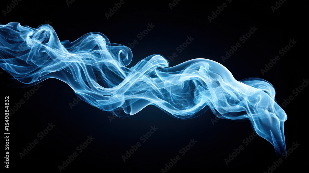 Poster blue smoke swirl on black background with abstract flowing shapes creating mysterious and dynamic vi