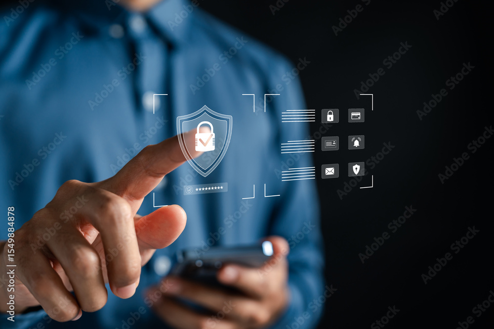 Poster Cybersecurity technology for protecting data and privacy on mobile devices. Secure access, encryption, password protection, and digital identity verification with smart security interface.