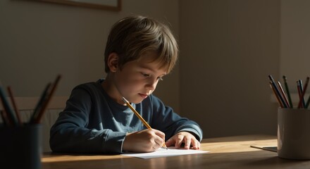 Young boy drawing with pencil at the table in a cozy room  
