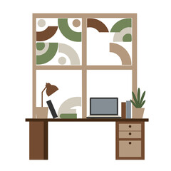 Home office desk with laptop and abstract wall art in startup workspace