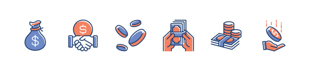 financial earning hand holding money cash and coin icon line set business payment wallet savings money stack symbol vector illustration