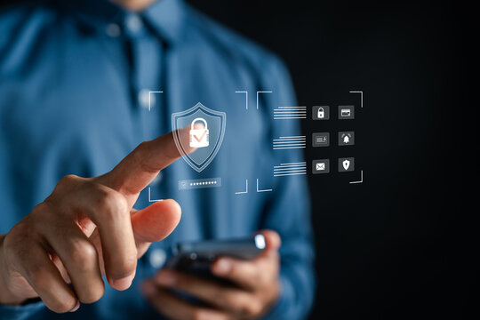 Cybersecurity technology for protecting data and privacy on mobile devices. Secure access, encryption, password protection, and digital identity verification with smart security interface.