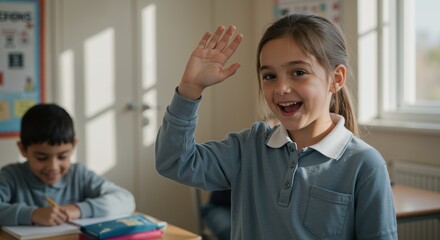 Young girl smiling and waving in classroom with child studying