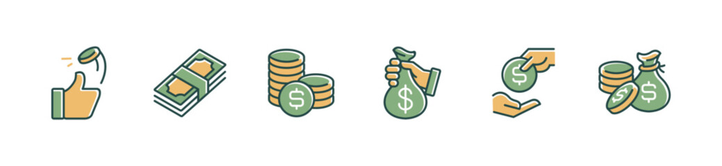 pile of coin and billfold money stack icon line set financial wallet cash dollar bag signs vector illustration