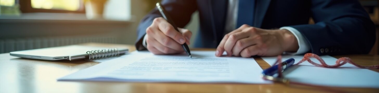 Sharp focus on legal papers being reviewed in modern office, law firm, law