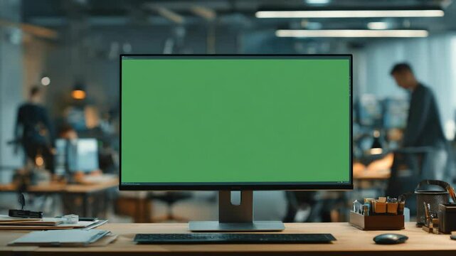 Computer monitor with blank green screen in office