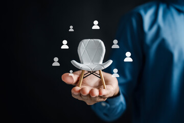 Recruitment with white chair and magnifying glass icons, symbolizing online job applications,...