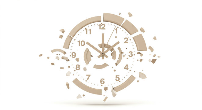 Broken Clock Face Shattering Apart.
A 3D render of a beige clock face exploding into fragments, symbolizing the end of an era, disruption, or a critical loss of time.
