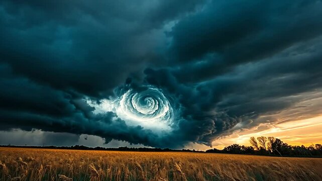 Dramatic supercell storm cloud formation over golden wheat field at sunset creating a vortex