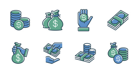 collection of money cash icon line set dollar bag billfold and pile of coin wallet wealth signs vector illustration business income, salary, donation, loan symbol design