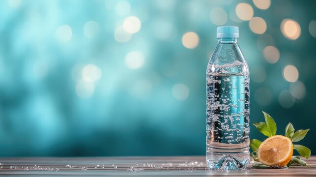 A beautifully captured image of a sparkling water bottle adorned with bubbles and a lemon wedge, perfectly set against a soothing background to convey freshness and refreshment.