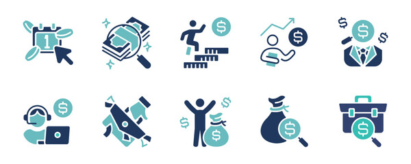 simple business employee working get paycheck salary icon set financial income earning dollar bag billfold money symbol vector illustration