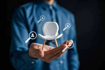 Recruitment with white chair and magnifying glass icons, symbolizing online job applications,...