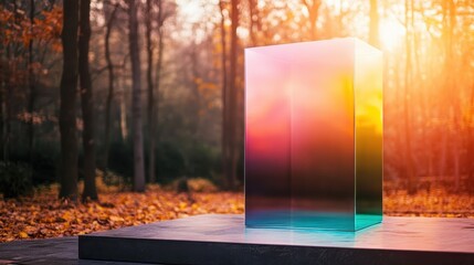 A striking modern glass monolith reflecting vibrant colors in a serene forest setting. The interplay of light and nature creates an intriguing visual experience for viewers.