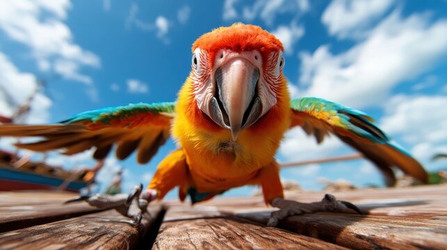 A vibrant parrot stretches its wings in a dynamic pose, vividly colored and positioned against a bright sky, showcasing nature's beauty and the essence of wildlife photography in action.
