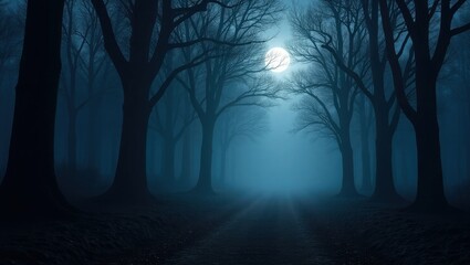 Eerie dark forest path illuminated by a bright full moon on a misty night with silhouetted bare trees