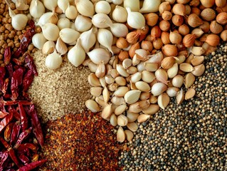 Spice Medley Garlic, Chili, Peppercorns and Grains Composition, Flatlay Photography, Aromatic Herbs Concept Spice, Flatlay, Food Photography