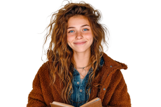 Young woman with curly hair smiles warmly while holding a book, wearing a cozy brown jacket and a blue denim shirt, isolated on white background