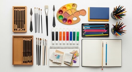 Artist's Workspace: Top-Down View of Painting Supplies and Sketchbooks on White Background