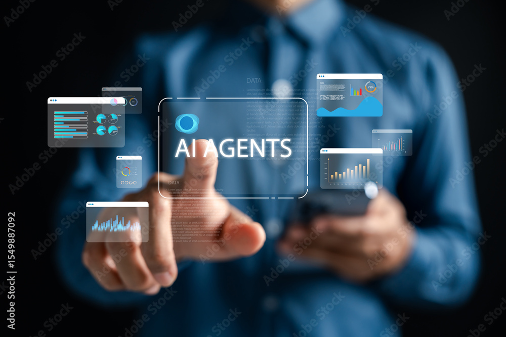 Fototapete AI agents assist in visualizing data dashboards, managing reports, and evaluating analytics through real-time smart technology for finance and business growth applications.