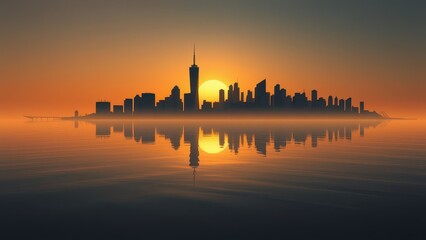 Silhouette of cityscape reflecting on calm water at sunrise, reflection, waterfront, urban, skyline