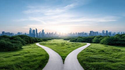 A forked path in a lush green park leads towards a modern city skyline under a clear sky at sunrise or sunset.
