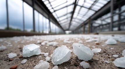 Broken glass shards scattered on a concrete surface inside a long, empty greenhouse with a glass roof and metal framework.