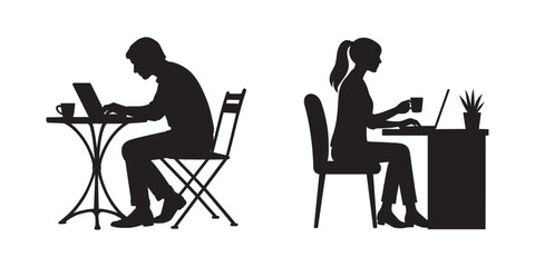 Silhouette of man and woman working on laptop vector illustration 