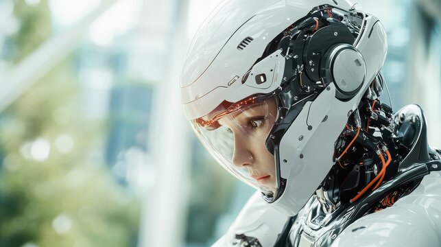 A close-up image showcasing a futuristic robot's face, featuring intricate details and advanced technology, symbolizing the intersection of humanity and artificial intelligence.