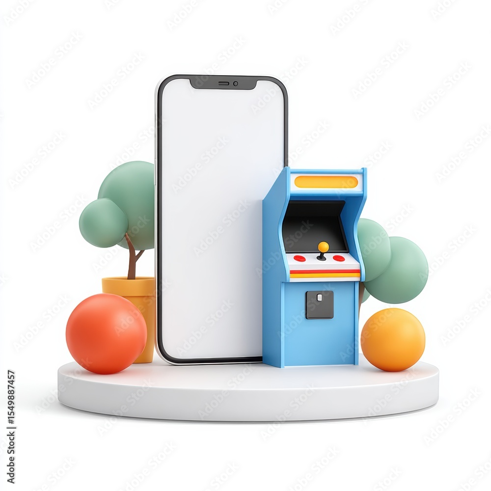 Poster a 3d illustration featuring a smartphone next to a retro arcade game machine, surrounded by stylized
