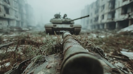 A haunting view of a derelict tank in a desolate urban area, overgrown with vegetation, symbolizing the impact of war on both environment and humanity's struggle for peace.