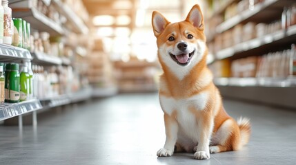 A playful corgi sitting happily in the aisle of a pet store, radiating joy and excitement, perfectly capturing the charm and friendly nature of this beloved breed.