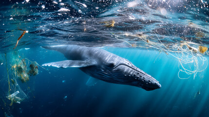 Naklejka premium Plastic pollution in the ocean is an environmental problem. Whales swim among plastic waste in the ocean. A global problem, a threat to ocean wildlife and calling for urgent action
