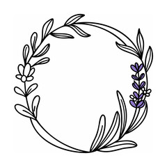 Circular Floral Wreath Lavender Flowers Black Line Art