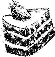 Obraz premium Chocolate cake slice with strawberry on top in sketch style