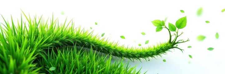 Intricate, lush green grass paths branch out , white backdrop , route, journey