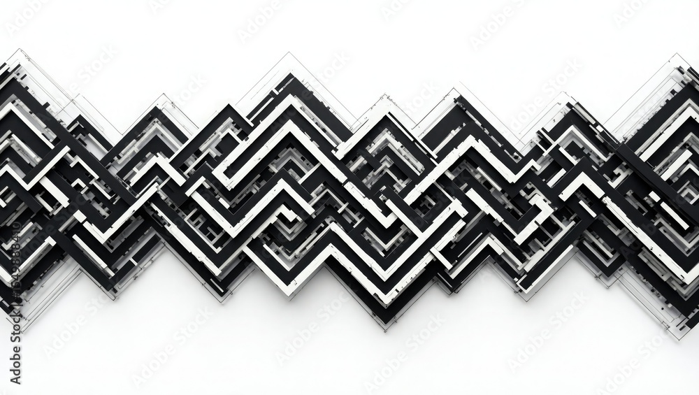 Poster abstract geometric pattern of interlocking black and white squares creating a layered zigzag design 