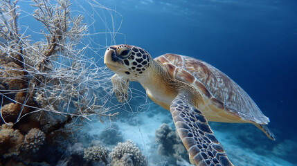 Obraz premium Plastic pollution in the ocean is an environmental problem. Sea Turtle trapped on a loose fishing net A global problem, threatening ocean wildlife 