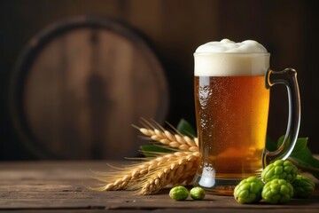 Rustic beer mug, wheat, hops, wooden barrel, cellar , hops, barley