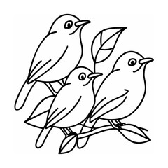 Three Birds Perched on Branch with Leaves Line Art Illustration
