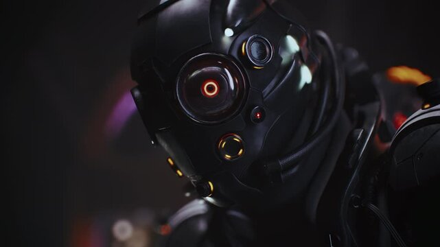 3d animation of military portrait of beautiful futuristic sci-fi female cyborg assassin in shiny black metal armor, helmet gas mask with tubes, glowing red night vision goggles watching the night city