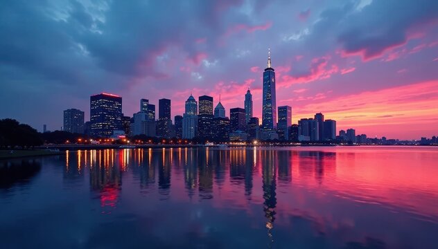 Midtown Manhattan dusk panorama, Hudson River reflection, sunset, dusk